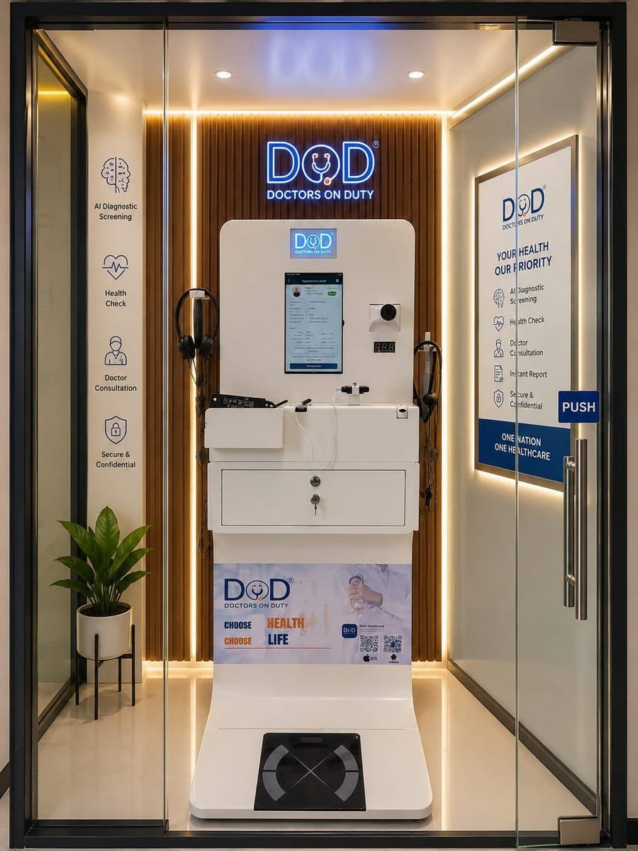 DOD Health Kiosk touch-screen interface showing ECG, BP, vitals & video consultation - Made in India